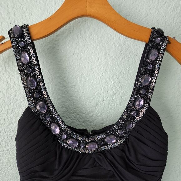 XSCAPE ruched cocktail navy blue embellish neck midi dress - Picture 7 of 9